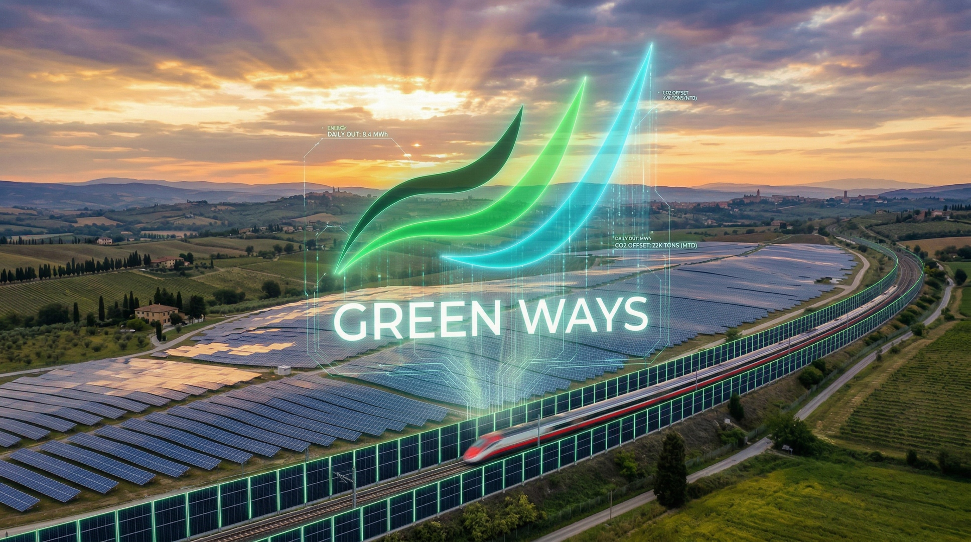Green Ways — Solar panels along Italian railway infrastructure with holographic logo overlay